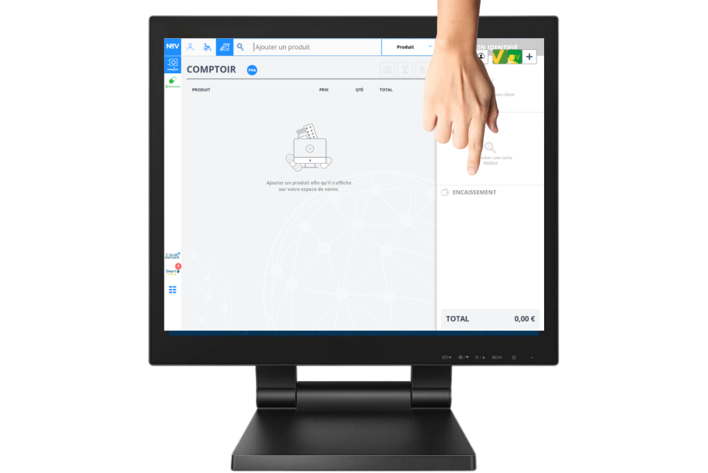 Ecran d'ordinateur avec l'interface d'espace conseil du NEV et une main tactile