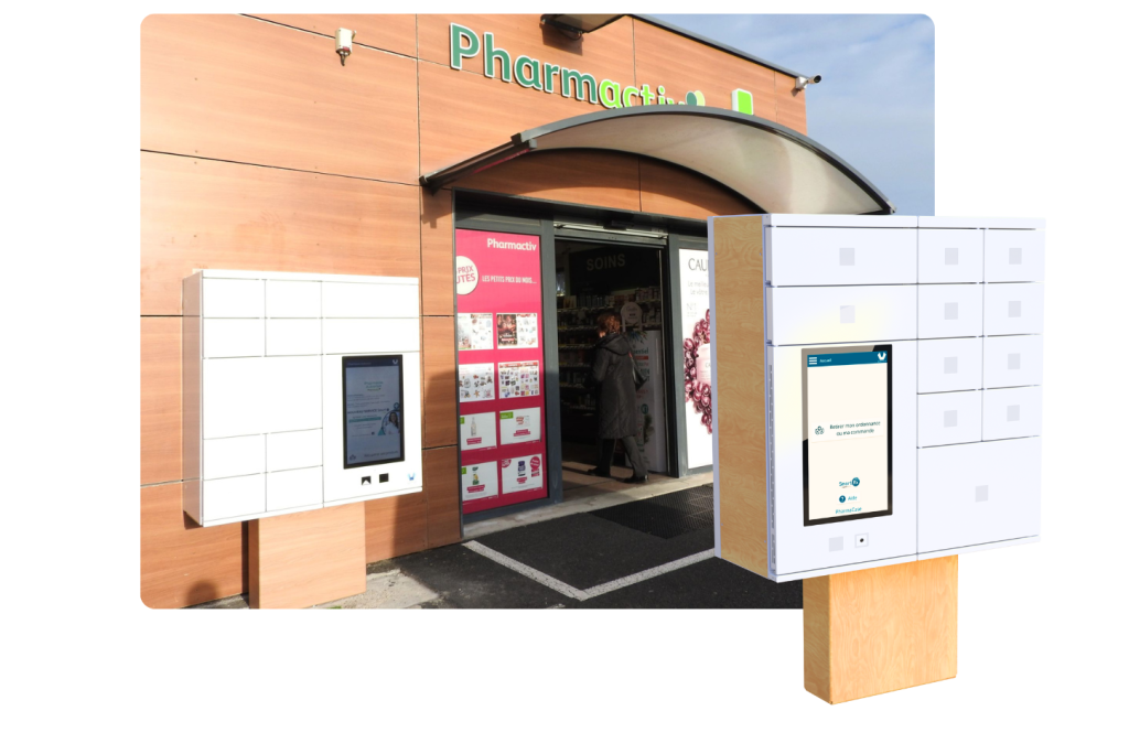 Smart Rx case en extérieur sur pied devant une pharmacie