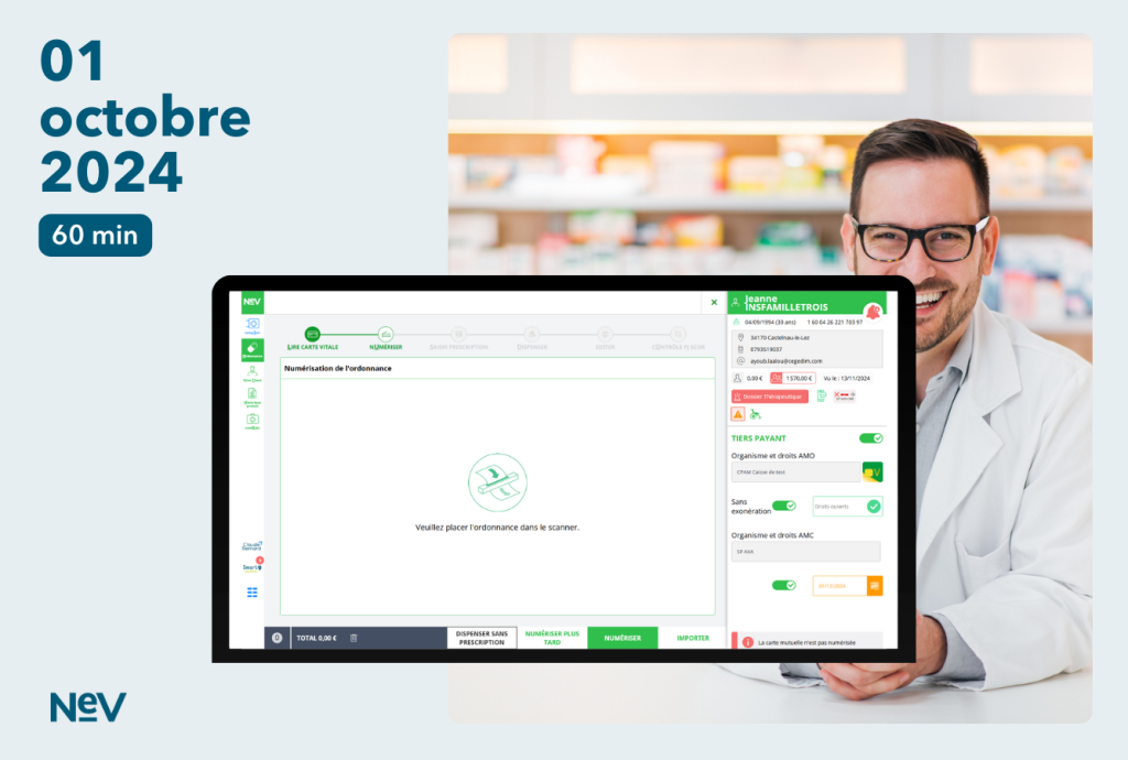Interface NEV Smart Rx avec pharmacien souriant au comptoir en fond