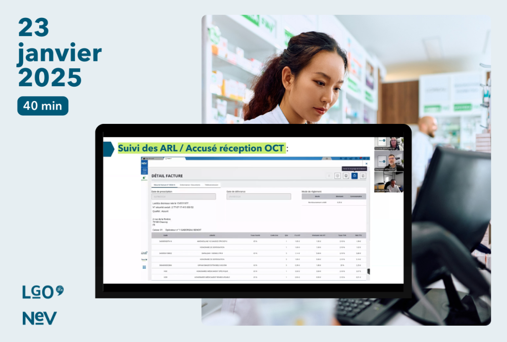 Interface suivi tiers payant dans le logiciel smart rx avec pharmacienne au comptoir en fond