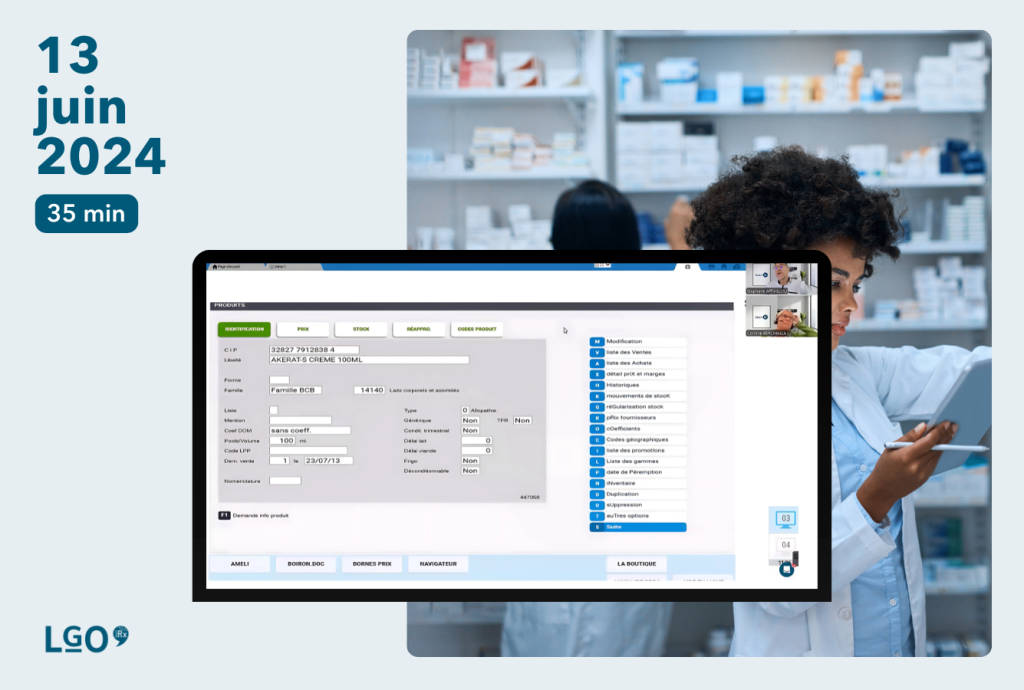 Interface logiciel smart rx sur les inventaires avec pharmacienne en fond