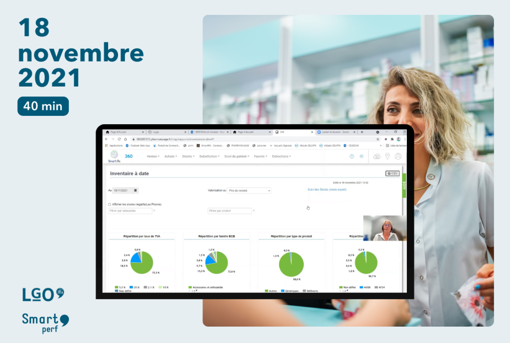 pharmacienne en blouse blanche au comptoir avec capture d'écran de graphiques dans le logiciel smart rx