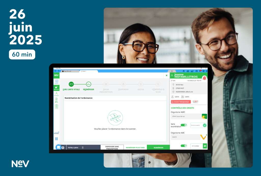Interface du NEV de smart rx avec deux personnes souriantes en fond