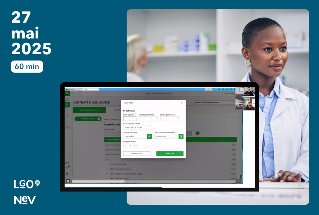 Interface du NEV de smart rx avec pharmacienne souriante au comptoir en fond tapant sur un clavier