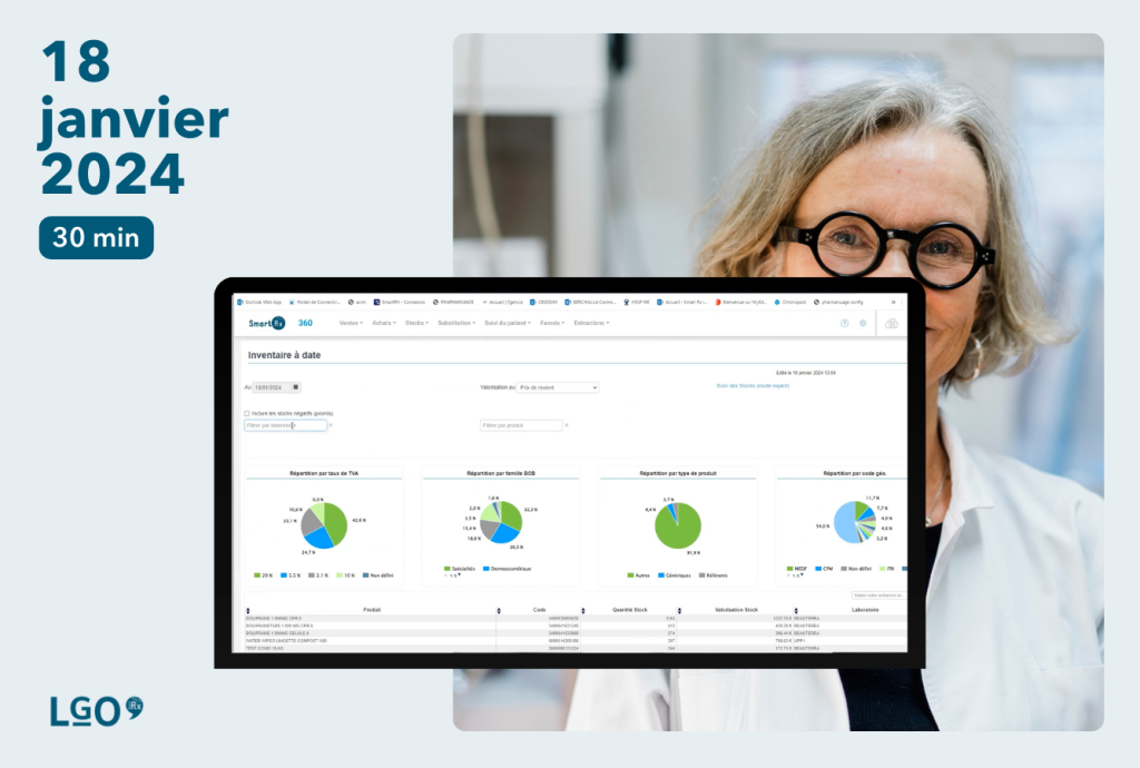 Pharmacienne en blouse et lunettes avec capture d'écran de graphiques dans smart perf du logiciel smart rx en premier plan