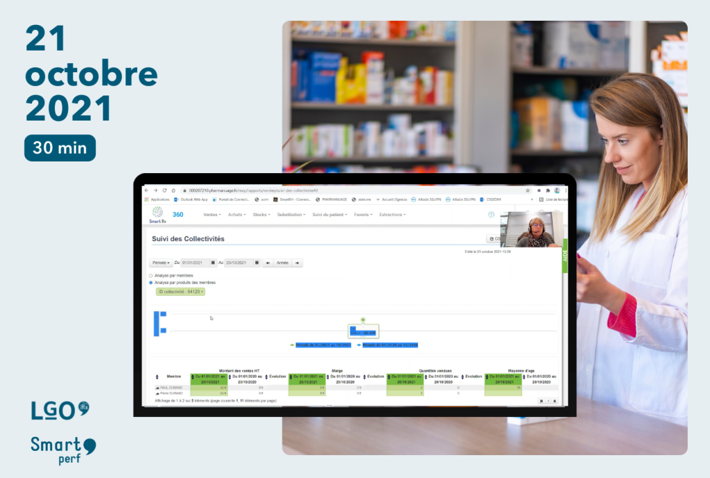 Pharmacienne au comptoir avec capture d'écran de la gestion des établissements collectifs dans le logiciel smart rx