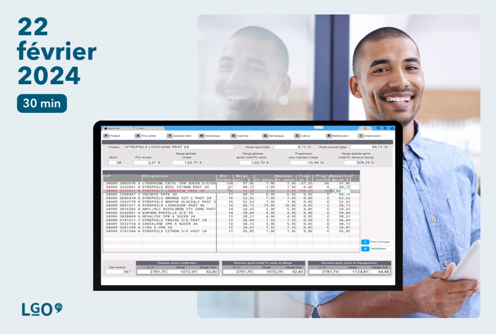 Homme souriant en chemise bleue adossé sur une vitre avec capture d'écran du logiciel Smart Rx en premier plan