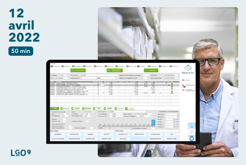Pharmacien en blouse blanche et en lunettes avec capture d'écran du logiciel smart rx au premier plan