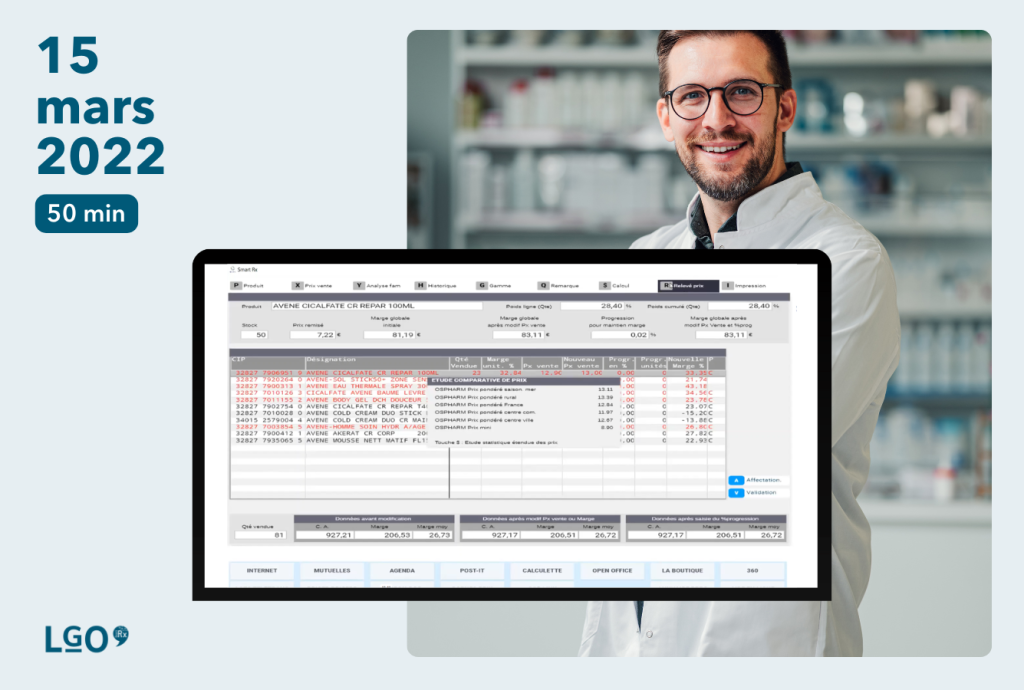 Pharmacien en blouse blanche les bras croisés avec capture d'écran du logiciel smart rx en premier plan