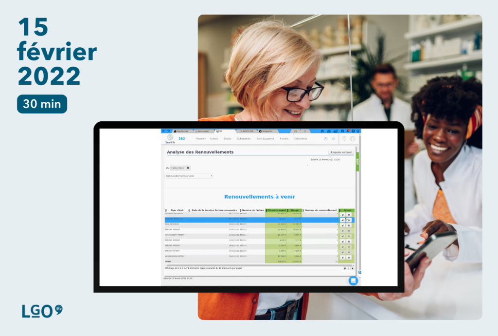Patiente discutant avec une pharmacienne avec capture d'écran du suivi patient dans le logiciel smart rx au premier plan
