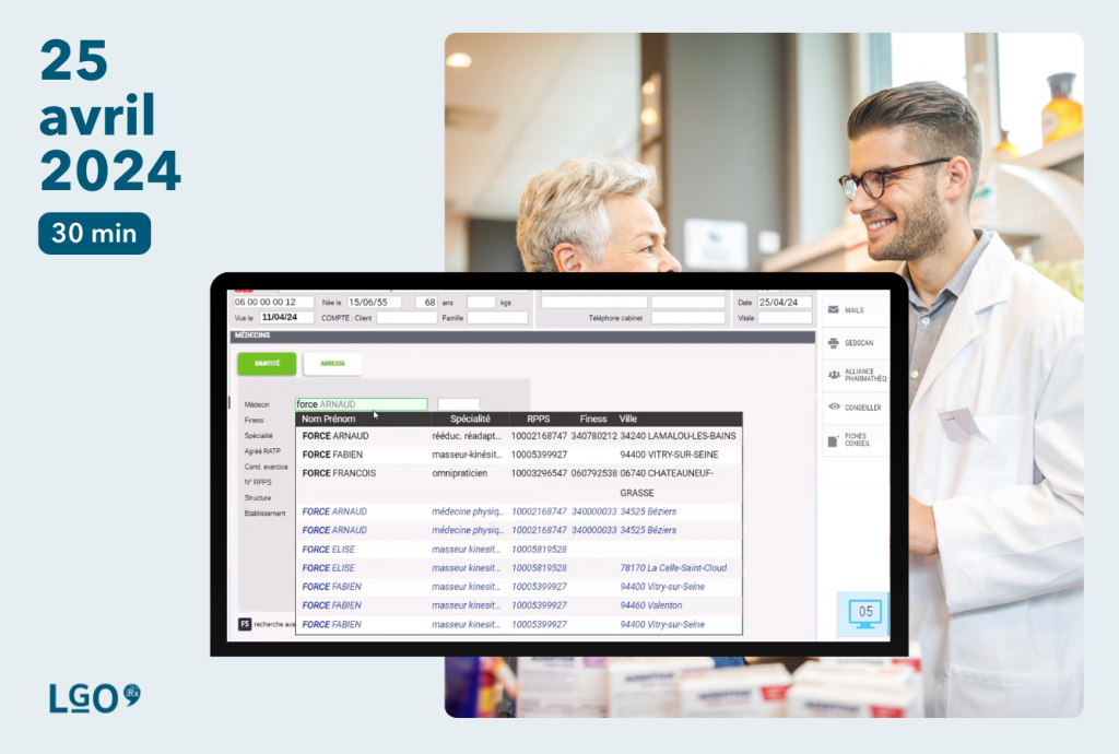 Pharmacien discutant avec une patiente et capture d'écran du logiciel smart rx au premier plan.