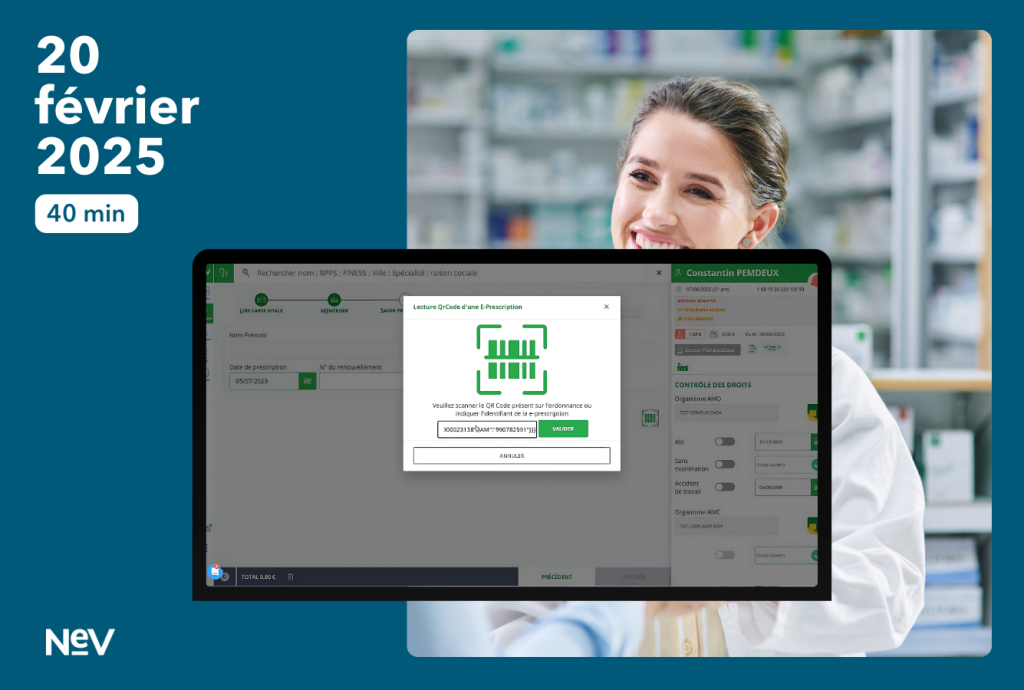 Pharmacienne souriante et capture d'écran de la lecture d'ordonnance numérique dans le nev