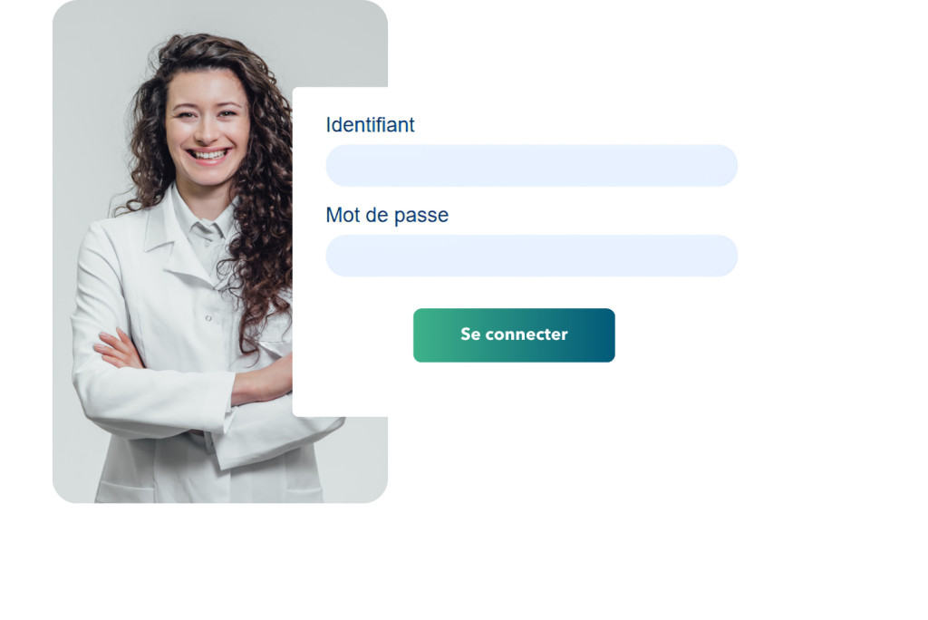 Pharmacienne les bras croisés souriante avec l'écran de connexion à la plateforme e-learning