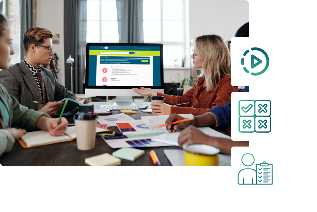 Groupe de personnes assises devant un ordinateur ouvert sur la plateforme e-learning