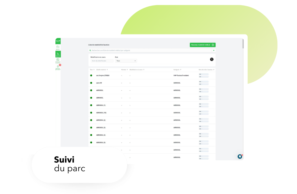 Capture d'écran de la liste du parc matériel de la pharmacie dans Smart Location