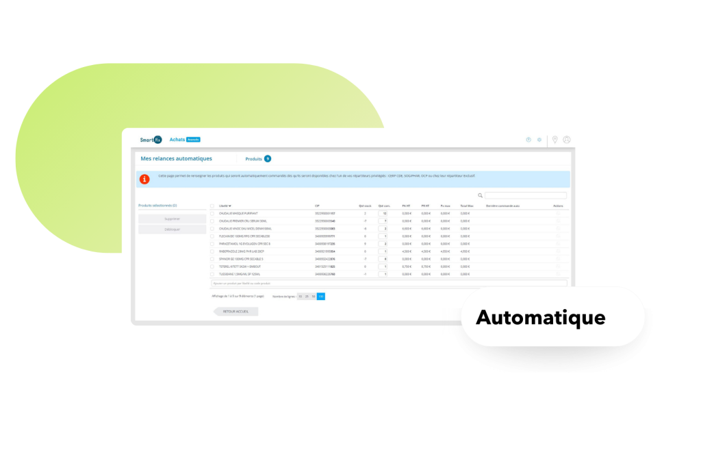 Capture d'écran des achats automatiques dans le logiciel Smart Rx