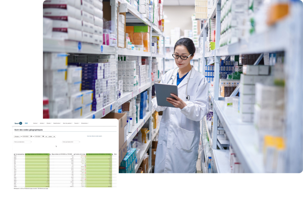 Pharmacienne dans la réserve d'une pharmacie avec une tablette