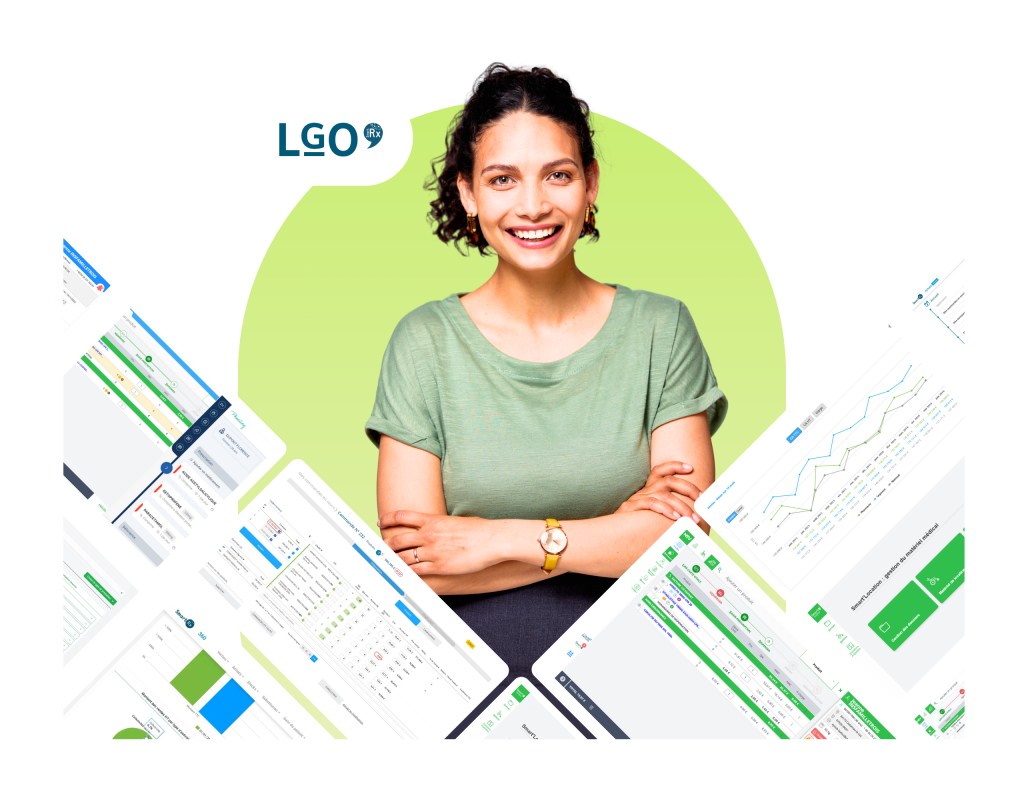 Femme entourée de captures d'écrans du logiciel Smart Rx