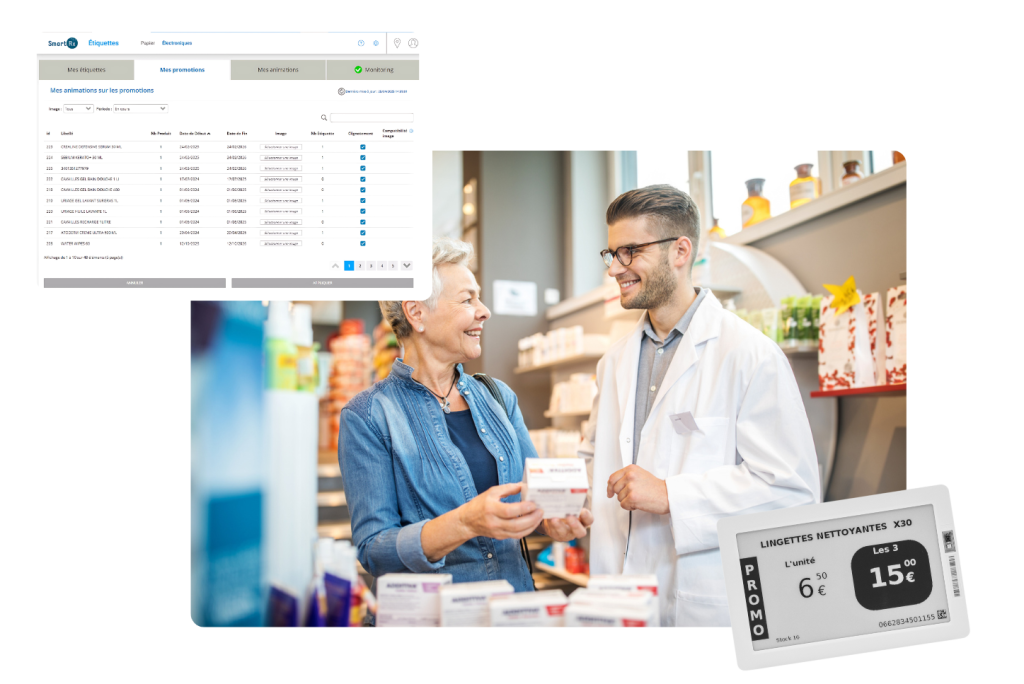 Pharmacien discutant avec sa patiente et capture d'écran de Smart Rx Tag sur le logiciel Smart Rx