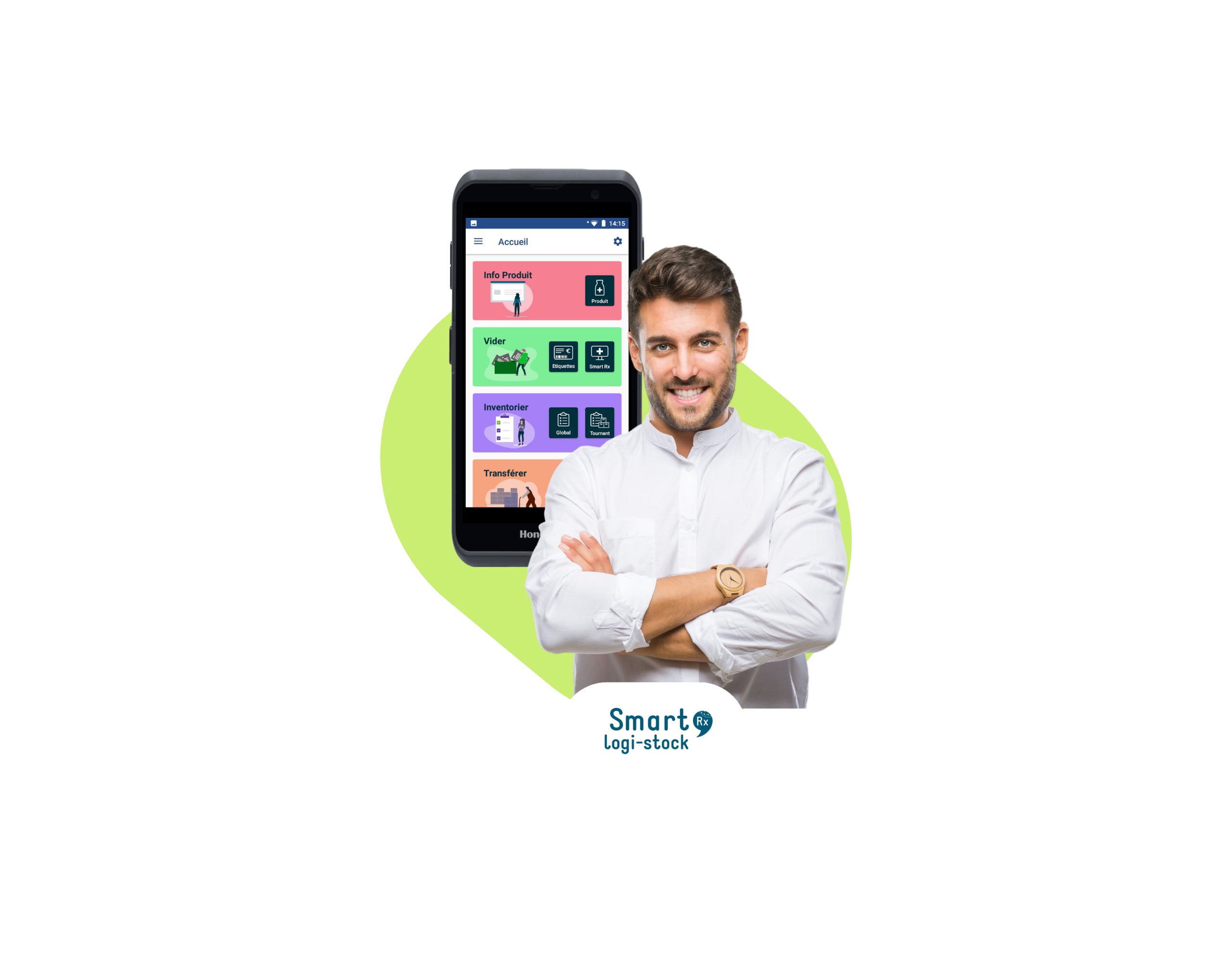 Appareil mobile TPE logi-stock avec un homme souriant en chemise blanche
