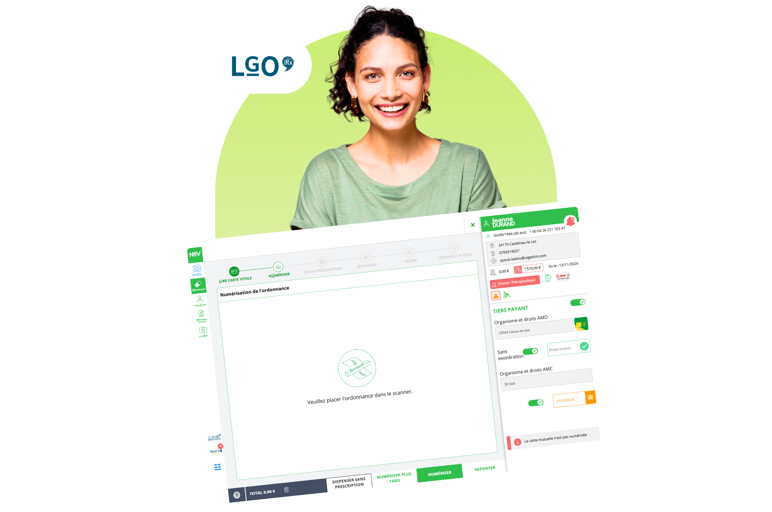 Interface du logiciel Smart Rx avec une femme souriante au tee shirt vert en arrière plan