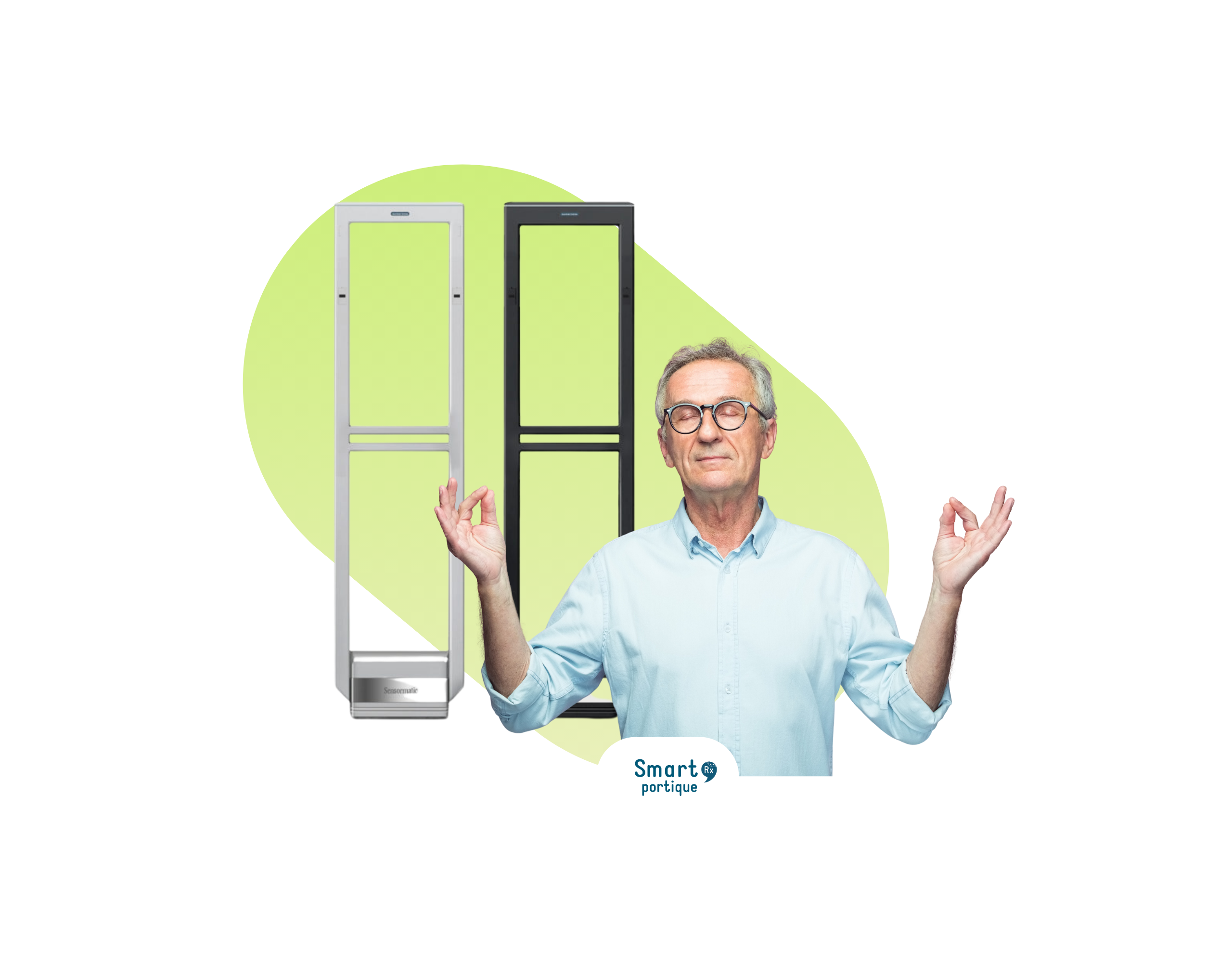Portiques Smart Rx avec un homme en chemise mimant le signe zen