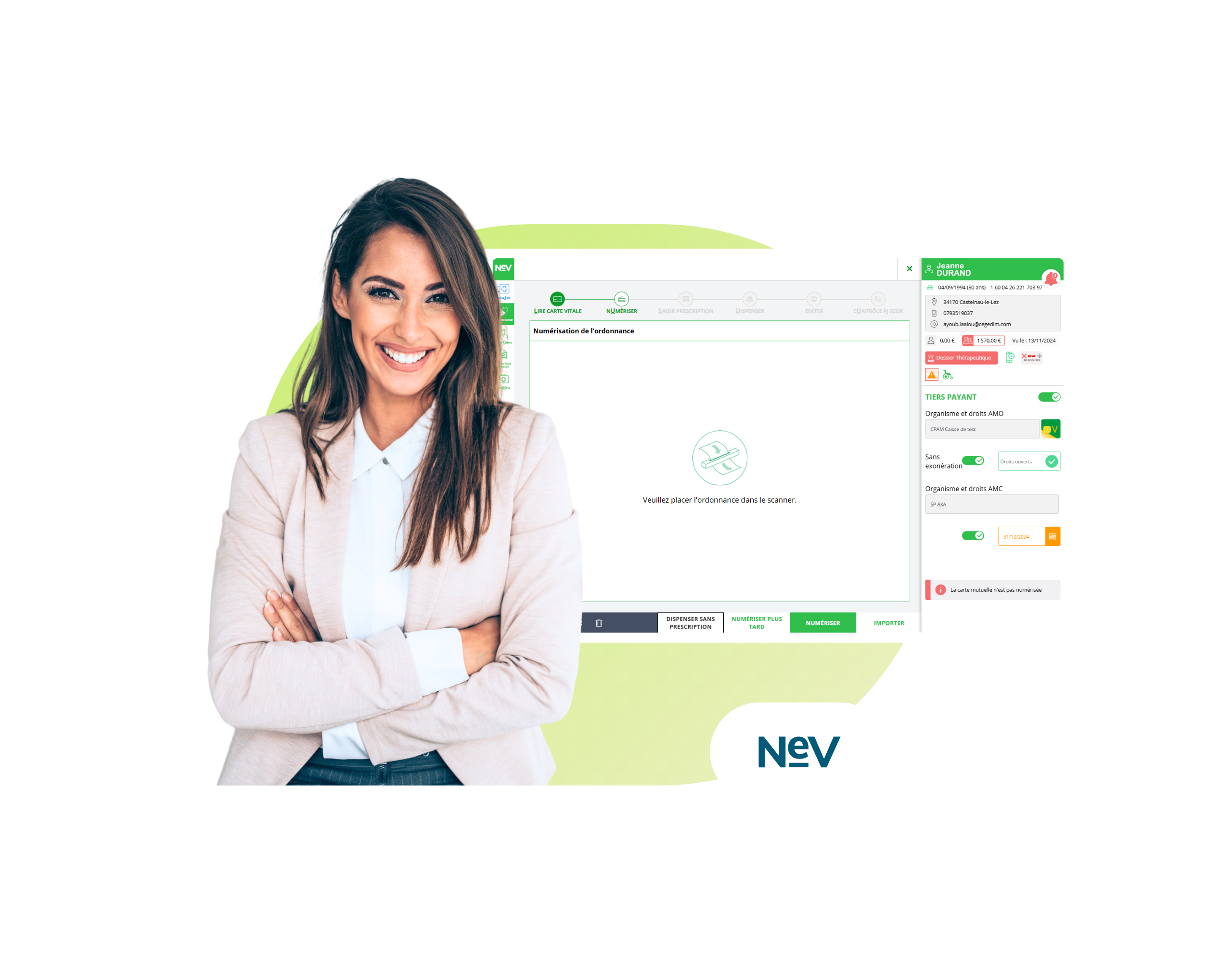 Interface du NEV de smart rx avec femme souriante les bras croisés