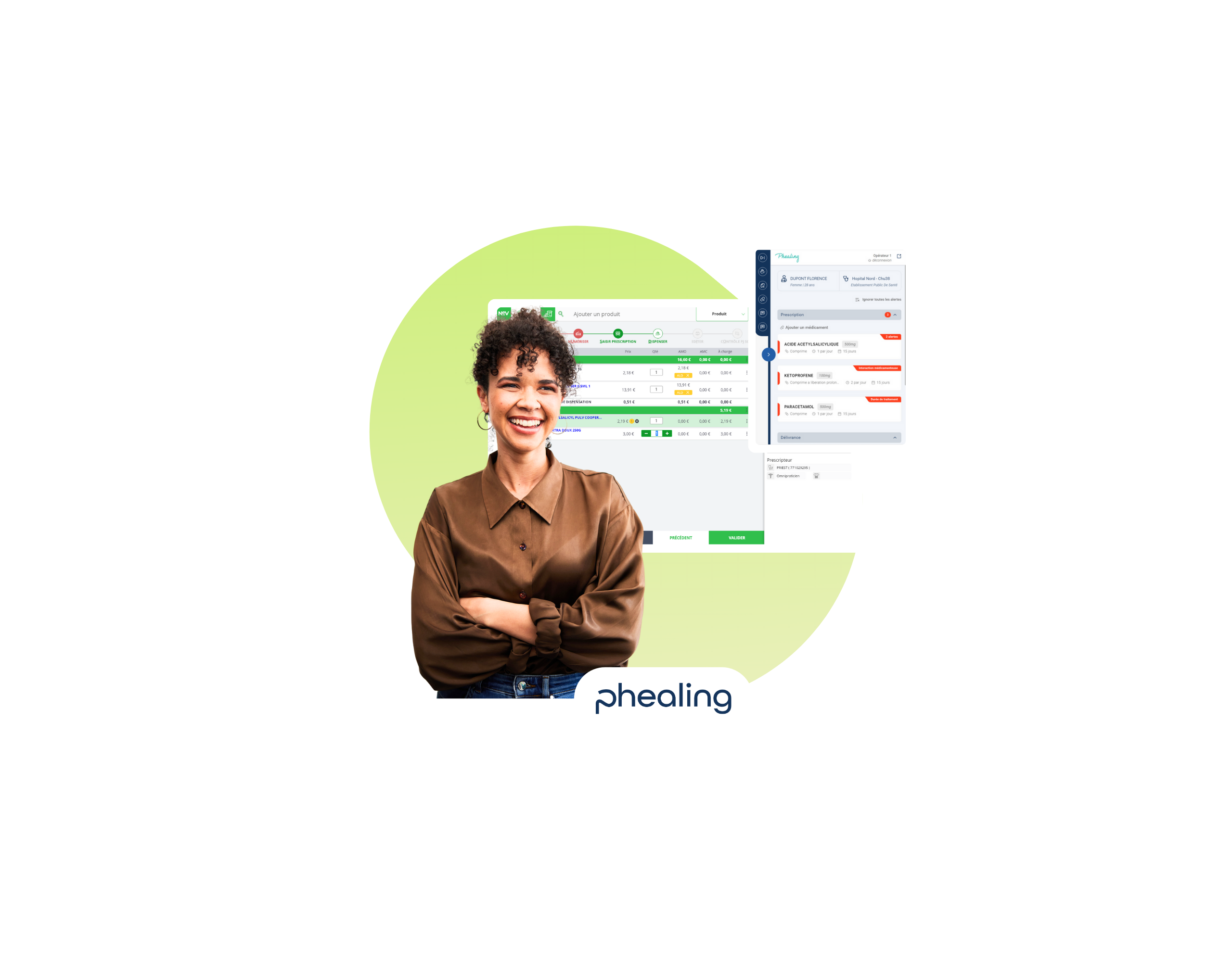 Interfaces phealing et NEV avec femme souriante les bras croisés devant
