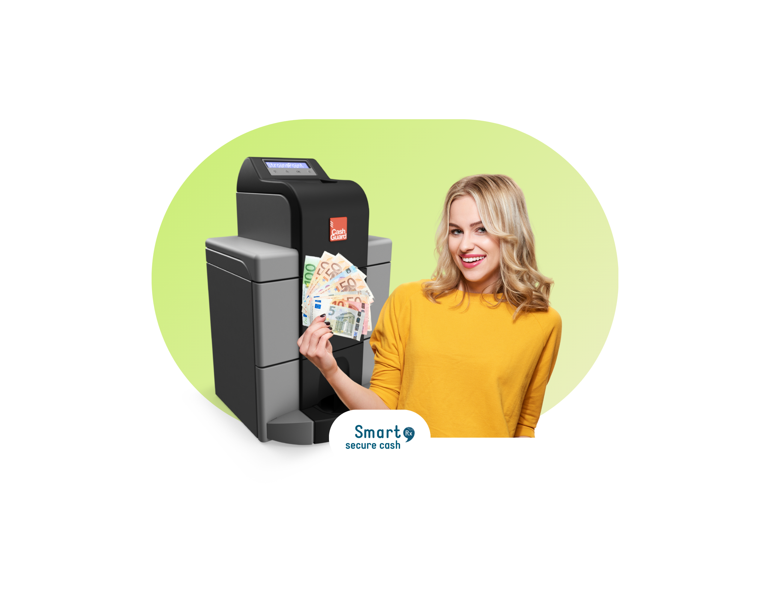 Caisse automatique Secure Cash avec femme montrant des billets de banque
