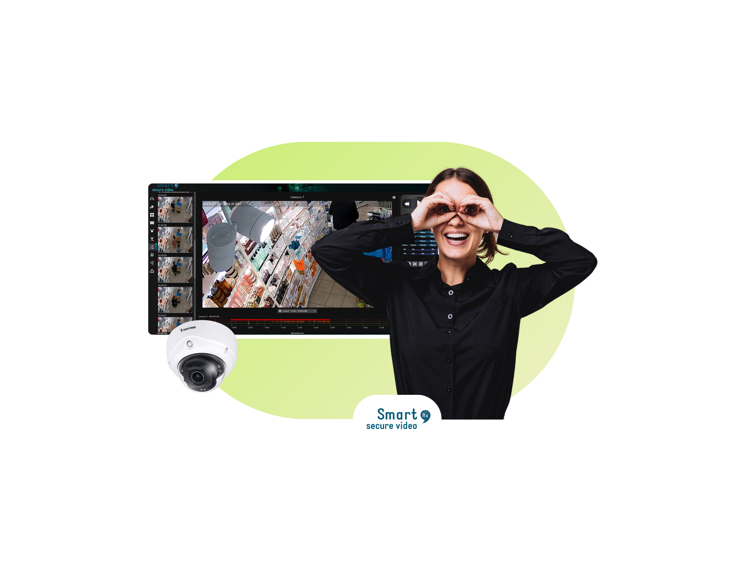 Interface secure video avec femme mimant des jumelles avec ses doigts