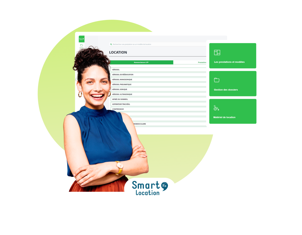 Interface de smart location avec femme souriante les bras croisés au premier plan