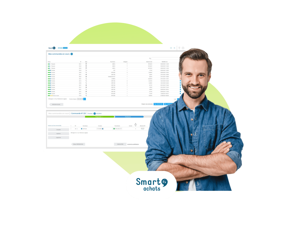 Interface de smart rx achats avec homme en chemise bleue croisant les bras et souriant