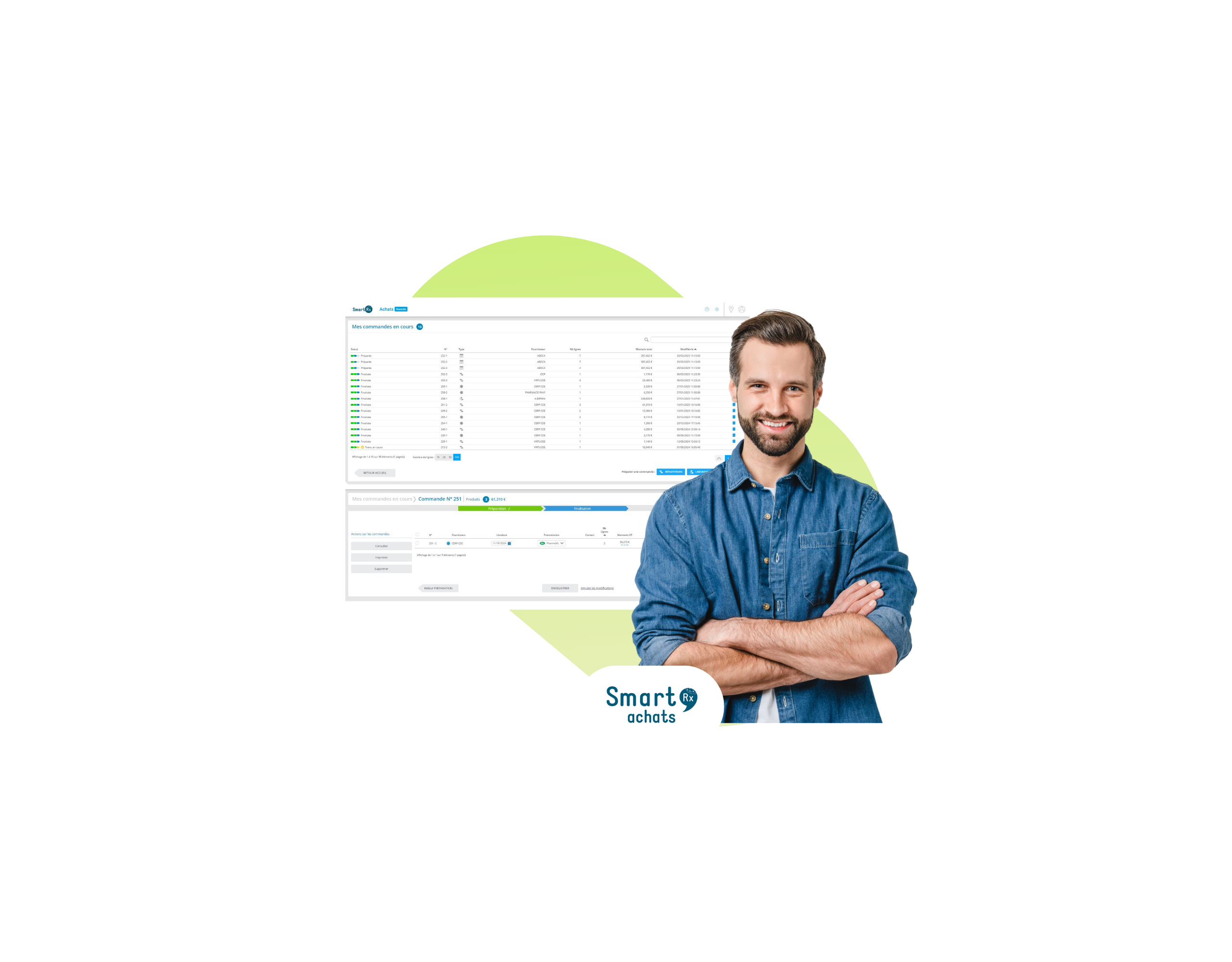 Interface smart rx achats avec homme souriant les bras croisés en chemise bleue