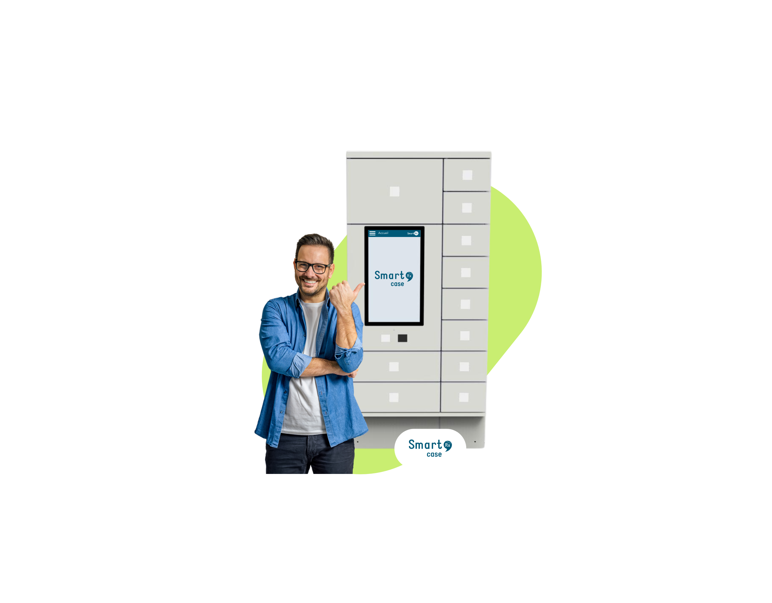 Homme en chemise bleue montrant une smart case de smart rx