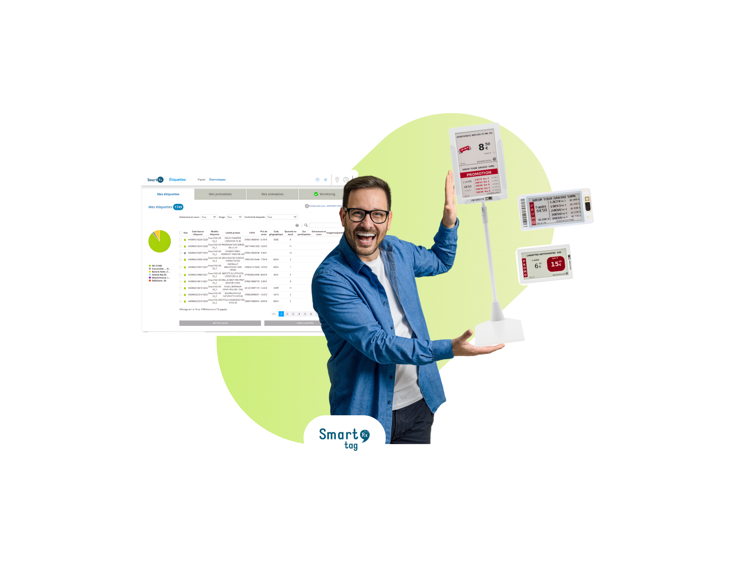 Homme souriant en chemise bleu avec étiquettes électroniques et interface logiciel autour de lui
