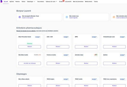 Interface d'accueil de la solution Bimedoc avec accès à toutes les fonctionnalités de pilotage pour sa pharmacie