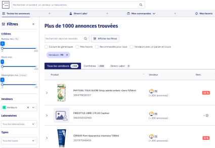 Page de recherche des produits dans le Comptoir des pharmacies