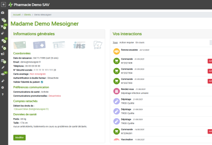 Visuel de la fiche client dans la solution MeSoigner Pro pour les pharmaciens.