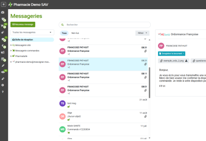 Visuel des messageries dans la solution MeSoigner Pro pour les pharmaciens.