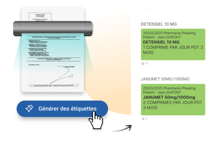 Illustration Phealing Posolog.IA avec 4 étiquettes de posologie générées à partir d’une ordonnance scannée, solution pour pharmacie.