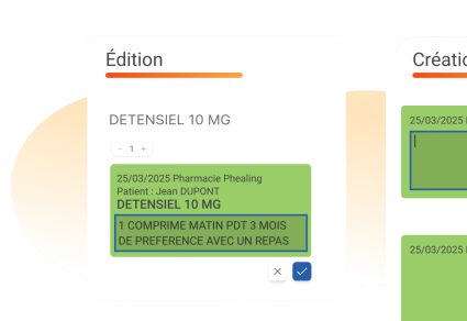 Illustration Phealing Posolog.IA avec 1 étiquette éditable, champs personnalisables pour le pharmacien.