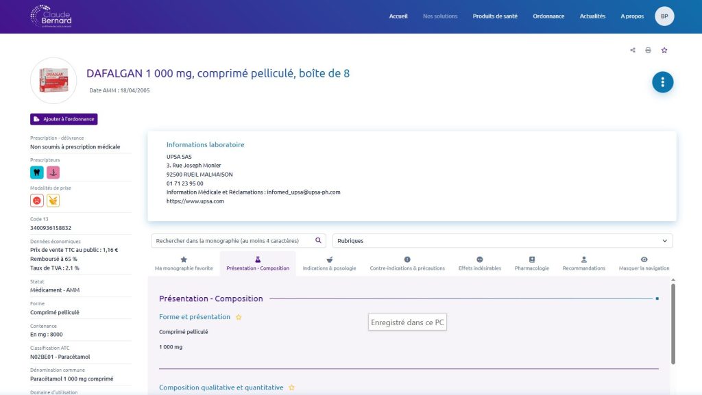 Informations et monographie du Dafalgan 1000mg dans l'interface Claude Bernard
