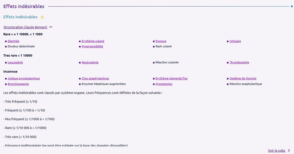 Liste des effets indésirables d'un produit dans l'interface Claude Bernard