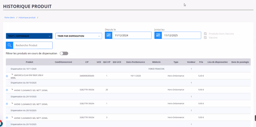 Nouveau filtre dans l'historique produit de la version antares 44 du logiciel smart rx