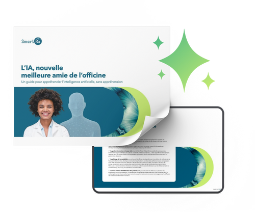 Aperçu de la couverture et une page intérieure du guide sur l'intelligence artificielle en pharmacie