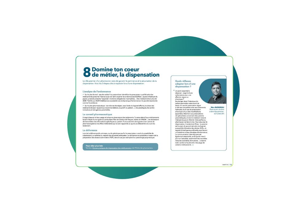 Guide étudiants pharmacie dispensation Page intérieure du guide pour les étudiants en pharmacie avec forme de couleur bleue en fond