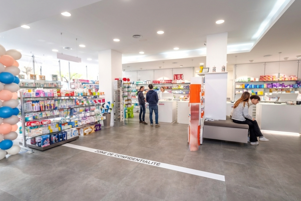 Zone de dispensation des médicaments dans une pharmacie avec délimitation au sol