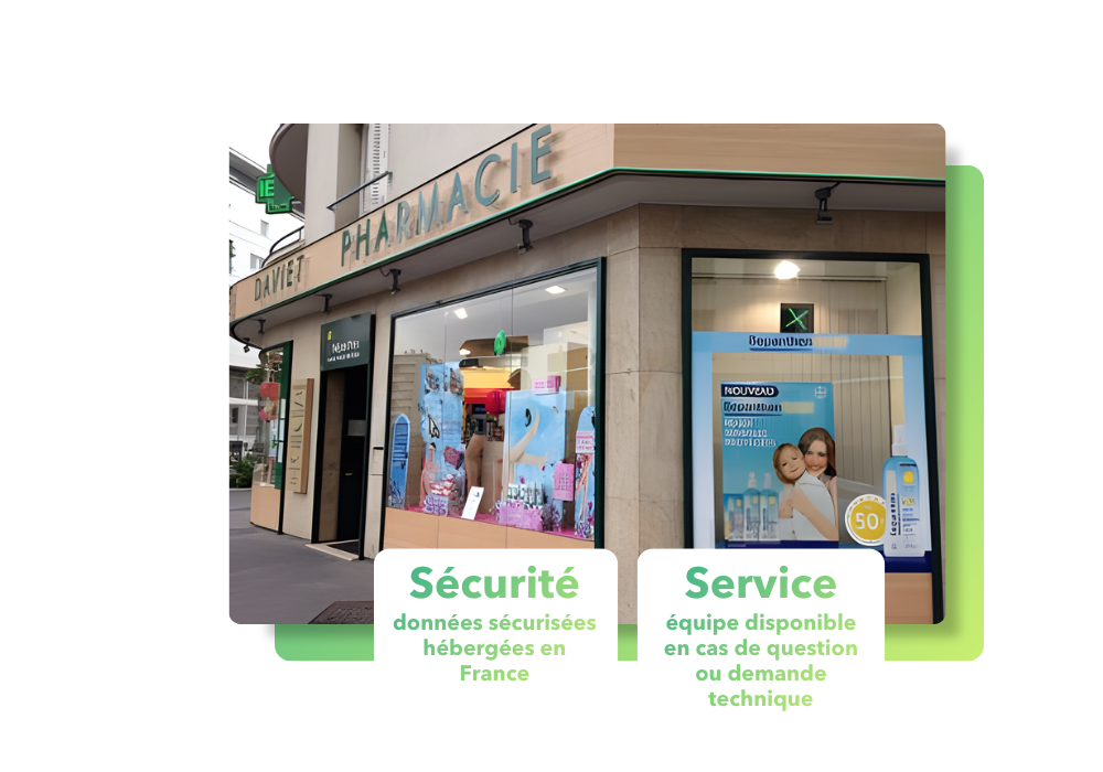 Devanture de la pharmacie Daviet avec textes par dessus