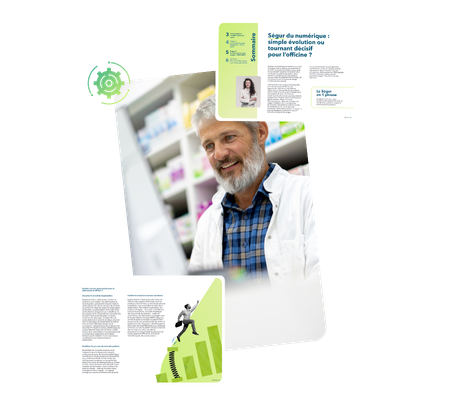 Pharmacien en blouse entouré du guide sur le ségur en pharmacie