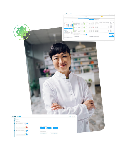 Pharmacienne en blouse avec interfaces module achats smart rx